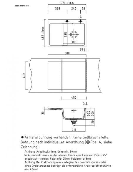 SYSTEMCERAM MERA 70F Flushmount Ceramic Kitchen sink 5558